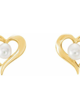14K Yellow Gold Cultured White Seed Pearl Heart Earrings