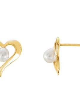 14K Yellow Gold Cultured White Seed Pearl Heart Earrings