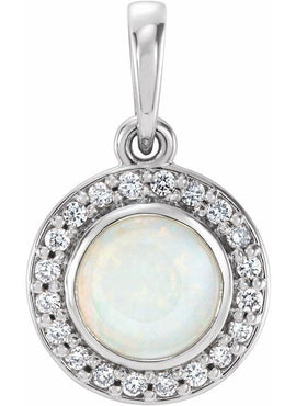 14K White Gold Natural White Opal & .08 CTW Natural Diamond Pendant