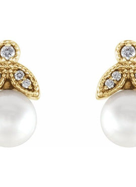 14K White Gold Cultured White Freshwater Pearl & .06 CTW Natural  Diamond Earrings