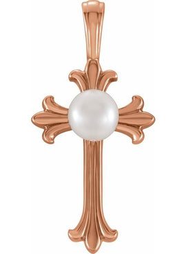 14K White Gold Cultured White Freshwater Pearl Cross Pendant