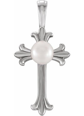 14K White Gold Cultured White Freshwater Pearl Cross Pendant