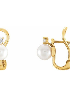 14K White Gold Cultured White Freshwater Pearl & 1/8 CTW Natural Diamond Earrings