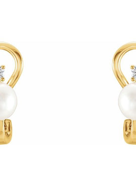 14K White Gold Cultured White Freshwater Pearl & 1/8 CTW Natural Diamond Earrings