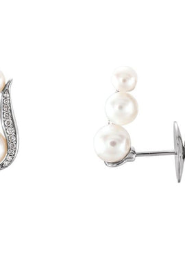 14K White Gold Cultured White Freshwater Pearl & 1/10 CTW Natural Diamond Ear Climbers