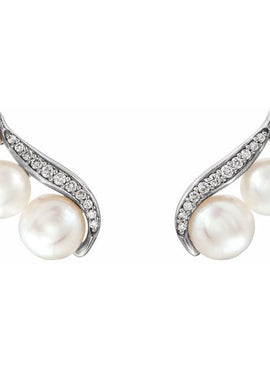 14K White Gold Cultured White Freshwater Pearl & 1/10 CTW Natural Diamond Ear Climbers