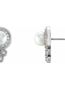 14K White Gold Cultured White Freshwater Pearl & 1/5 CTW Natural Diamond Earrings