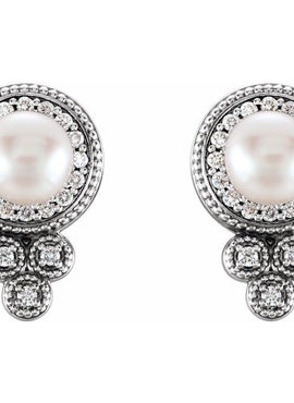 14K White Gold Cultured White Freshwater Pearl & 1/5 CTW Natural Diamond Earrings