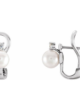 14K White Gold Cultured White Freshwater Pearl & 1/8 CTW Natural Diamond Earrings