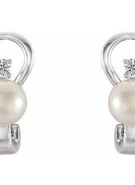 14K White Gold Cultured White Freshwater Pearl & 1/8 CTW Natural Diamond Earrings