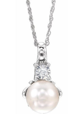 14K White Gold Cultured White Freshwater Pearl & .02 CT Natural Diamond 18