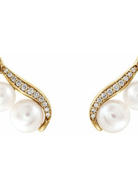 14K White Gold Cultured White Freshwater Pearl & 1/10 CTW Natural Diamond Ear Climbers
