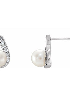 14K White Gold Cultured White Freshwater Pearl & 1/10 CTW Natural Diamond Earrings