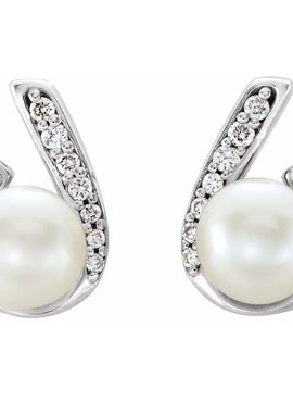 14K White Gold Cultured White Freshwater Pearl & 1/10 CTW Natural Diamond Earrings