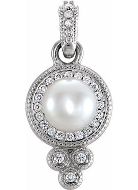 14K White Gold Cultured White Freshwater Pearl & 1/8 CTW Natural Diamond Pendant