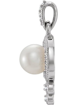 14K White Gold Cultured White Freshwater Pearl & 1/8 CTW Natural Diamond Pendant