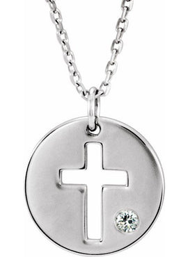 14K White Gold .03 CT Natural Diamond Pierced Cross Disc 16-18