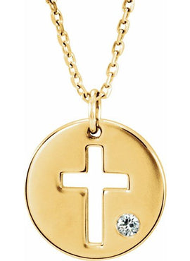 14K White Gold .03 CT Natural Diamond Pierced Cross Disc 16-18