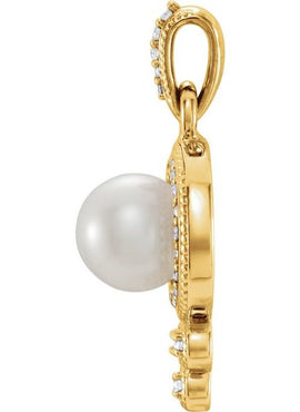14K White Gold Cultured White Freshwater Pearl & 1/8 CTW Natural Diamond Pendant