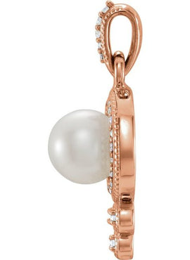 14K White Gold Cultured White Freshwater Pearl & 1/8 CTW Natural Diamond Pendant