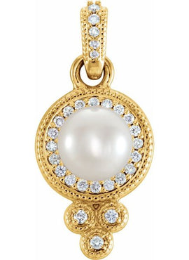 14K White Gold Cultured White Freshwater Pearl & 1/8 CTW Natural Diamond Pendant