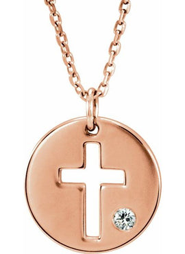 14K White Gold .03 CT Natural Diamond Pierced Cross Disc 16-18