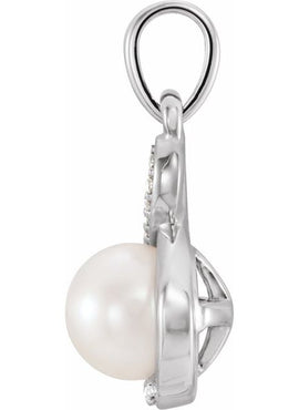 14K White Gold Cultured White Freshwater Pearl & .07 CTW Natural Diamond Pendant