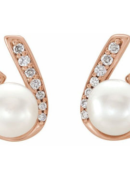 14K White Gold Cultured White Freshwater Pearl & 1/10 CTW Natural Diamond Earrings