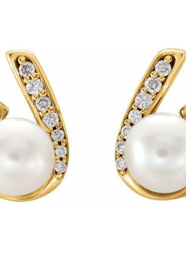 14K White Gold Cultured White Freshwater Pearl & 1/10 CTW Natural Diamond Earrings