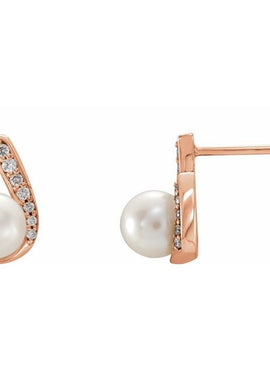 14K White Gold Cultured White Freshwater Pearl & 1/10 CTW Natural Diamond Earrings