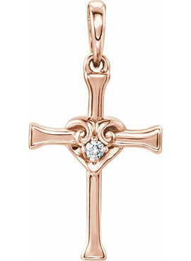 14K White Gold .025 CT Natural Diamond Heart & Cross Pendant