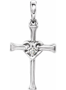 14K White Gold .025 CT Natural Diamond Heart & Cross Pendant