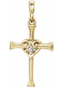 14K White Gold .025 CT Natural Diamond Heart & Cross Pendant