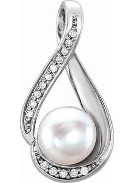 14K White Gold Cultured White Freshwater Pearl & .03 CTW Natural Diamond Pendant