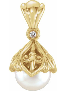 14K White Gold Cultured Freshwater Pearl & .02 CTW Natural Diamond Fleur-de-lis Pendant