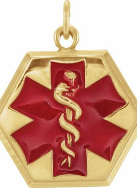 14K Yellow Gold Engravable Red Enamel Medical Identification Pendant