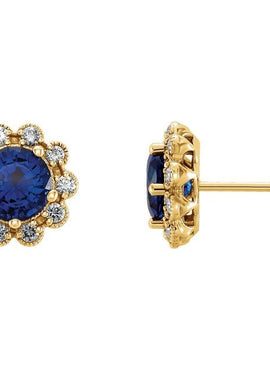 14K Yellow Gold 3.2 mm Natural Blue Sapphire & 1/8 CTW Natural Diamond Earrings