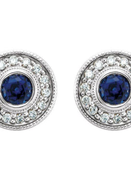 14K White Gold Lab-Grown Blue Sapphire & 1/4 CTW Natural Diamond Halo-Style Earrings