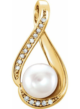 14K White Gold Cultured White Freshwater Pearl & .03 CTW Natural Diamond Pendant