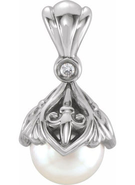 14K White Gold Cultured Freshwater Pearl & .02 CTW Natural Diamond Fleur-de-lis Pendant