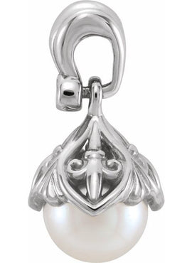 14K White Gold Cultured Freshwater Pearl & .02 CTW Natural Diamond Fleur-de-lis Pendant