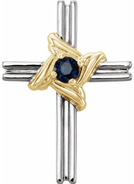 14K White Gold Natural Blue Sapphire Cross Pendant