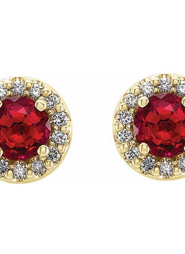 14K Yellow Gold Lab-Grown Ruby & .08 CTW Natural Diamond Halo-Style Earrings