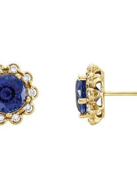 14K Yellow Gold 3.2 mm Natural Blue Sapphire & 1/8 CTW Natural Diamond Earrings