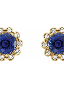 14K Yellow Gold 3.2 mm Natural Blue Sapphire & 1/8 CTW Natural Diamond Earrings