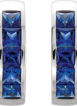 14K White Gold Lab-Grown Blue Sapphire Hoop Earrings