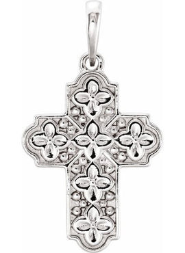 14K White Gold Ornate Floral-Inspired Cross Pendant