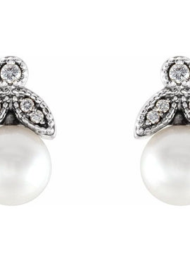 14K White Gold Cultured White Freshwater Pearl & .06 CTW Natural  Diamond Earrings