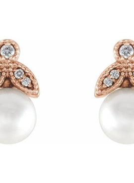14K White Gold Cultured White Freshwater Pearl & .06 CTW Natural  Diamond Earrings