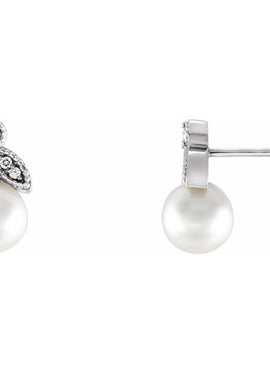 14K White Gold Cultured White Freshwater Pearl & .06 CTW Natural  Diamond Earrings